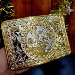 Centenario Cowboy Belt Buckle Western Hebilla Rodeo Silver & Gold Faux 50 Peso